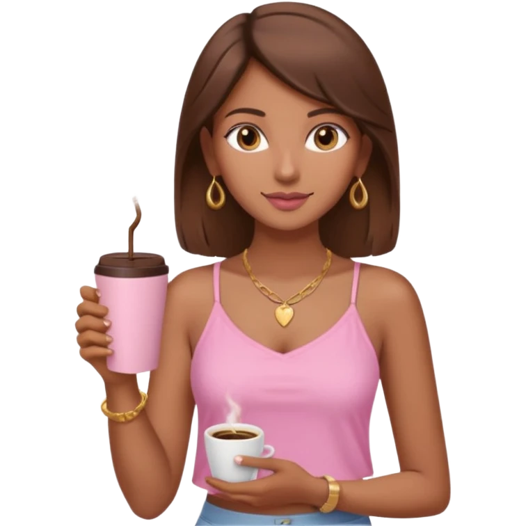 a pretty fair indian bratz girl with brown hair. with a pink cami top, drinking takeaway brown coffee, golden dainty necklace and carrying a white macbook emoji