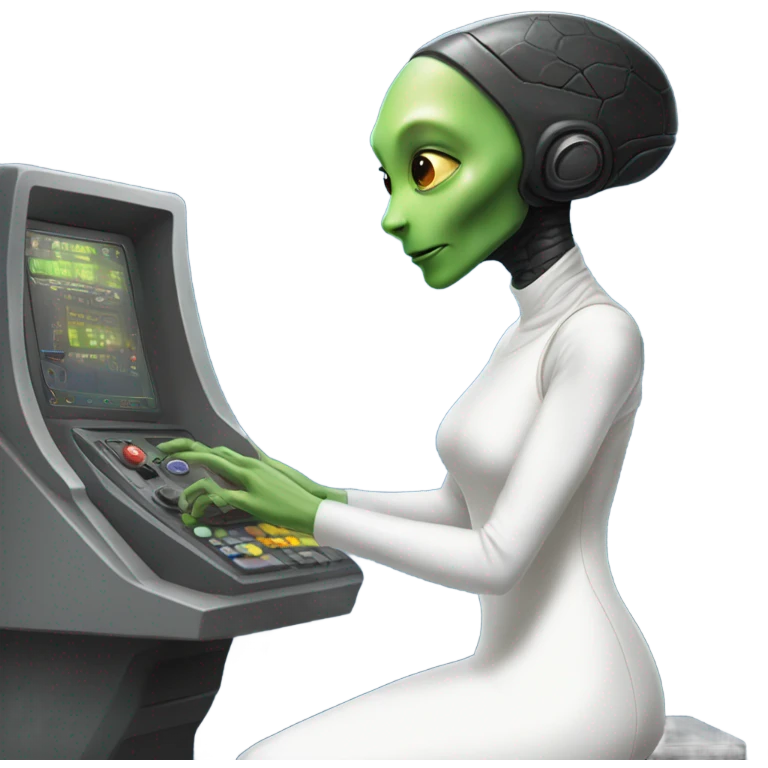  a Reptilian alien woman, in white dress, use a drive console emoji
