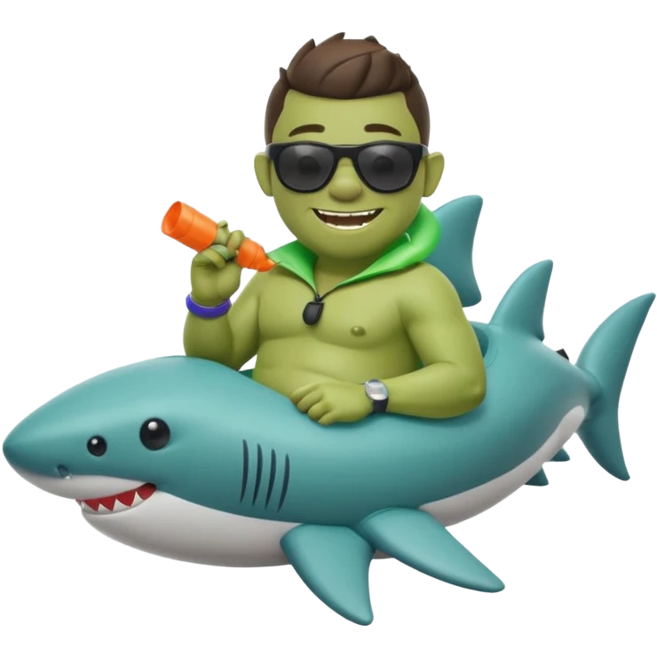 orc male sitting in an inflatable floatie shaped like a shark, wearing oversized sunglasses and a whistle on a neck cord, 2d emoji