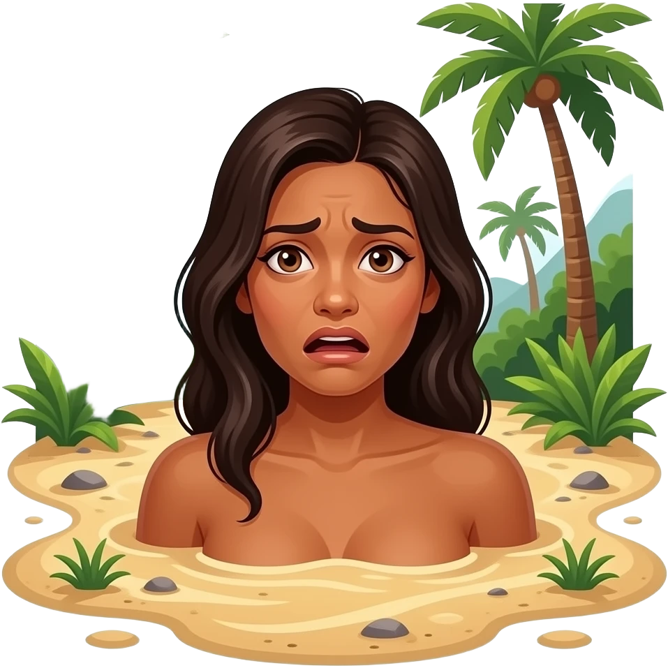 a terrified deeply tanned naked woman chest deep in quicksand with jungle trees around her emoji