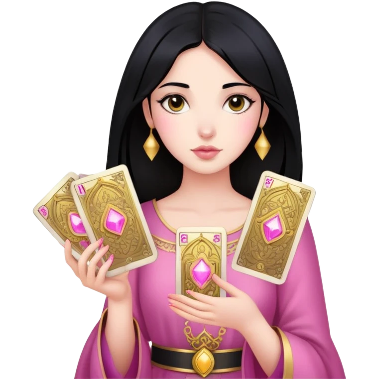 black hair girl with pink pink tarot gold cards emoji