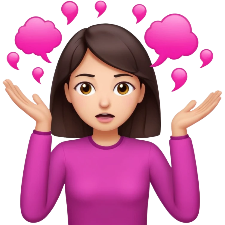 Social media manager. She has dark brown hair, brown eyes, exhaling deeply, hands slightly raised showing frustration. Use vibrant colors with a focus on pink and fuchsia tone emoji
