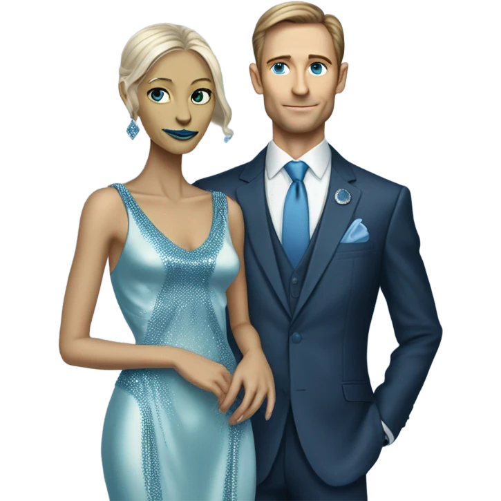 alien reptilian woman in long slim pastel blue formal party satin dress with gradient shiny sparkling navy blue diamonds embroidered , and caucasian man in black dress emoji