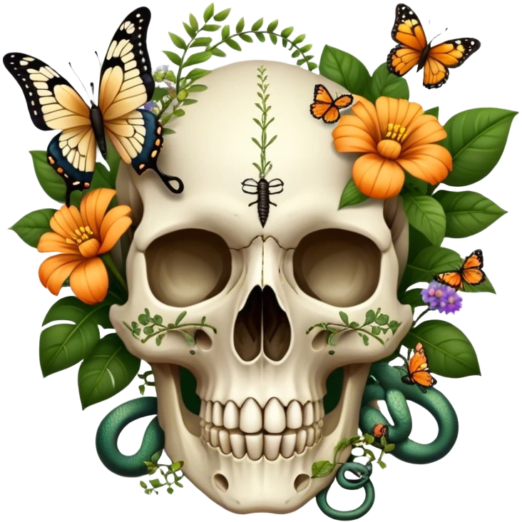 Bird skull with plants, flowers, snake, butterflies  emoji