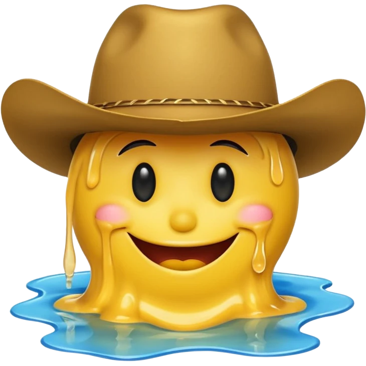 A yellow smiley face melting into a puddle. 

The eyes and mouth slip down the face, yet still maintain a distorted smile. The face is wearing a cowboy hat. emoji