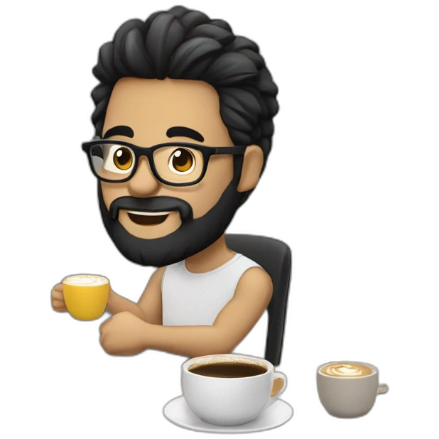 Designer with black hair, beard and glasses working with MacBook and drinking cappuccino  emoji