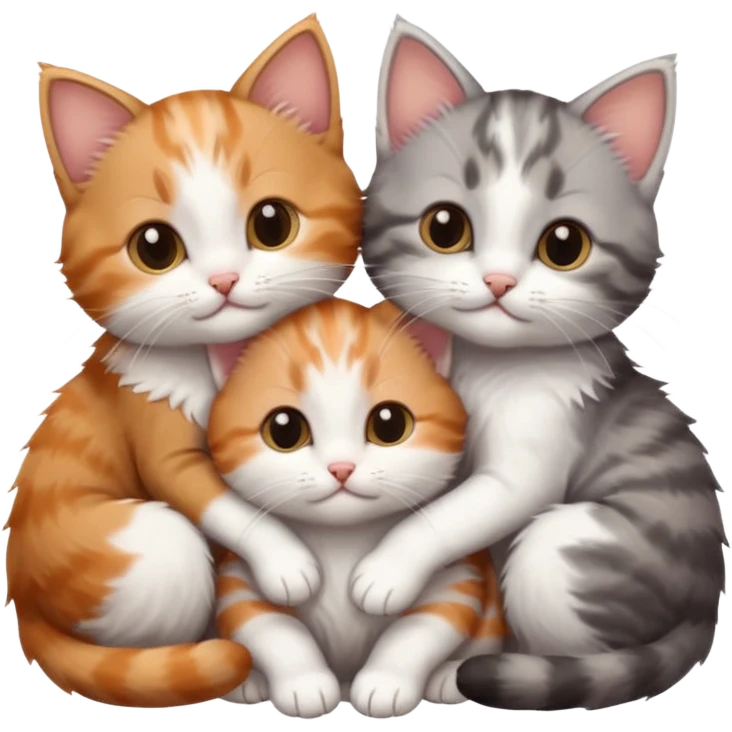 3 very small kittens cuddling together all different colours, the first one is grey and white, the second is ginger and white and the third is brown tabby and white emoji