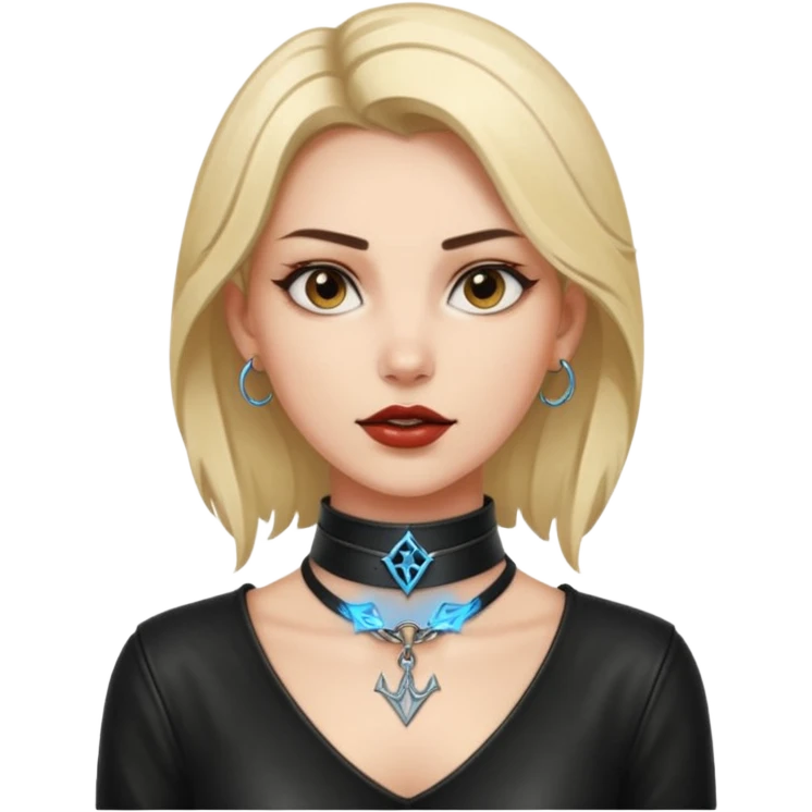 Leather choker with sigil around woman’s neck, pulse visible, dominance tone emoji