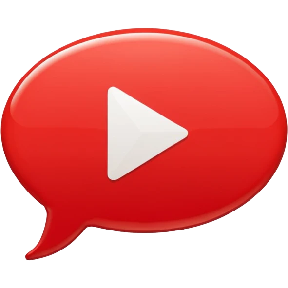 Minimal design featuring a red speech bubble that contains a white play button. On a white background, no text. Suggests intelligent conversation about video content. Clean, modern and tech-oriented emoji