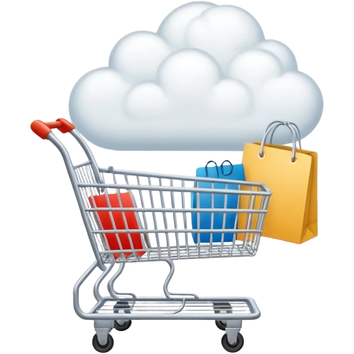 now make only a clound no caracther now just a cloud and like a card a shopping cart, and clothing inside the clound so that it makes it look like hs thinking about that emoji