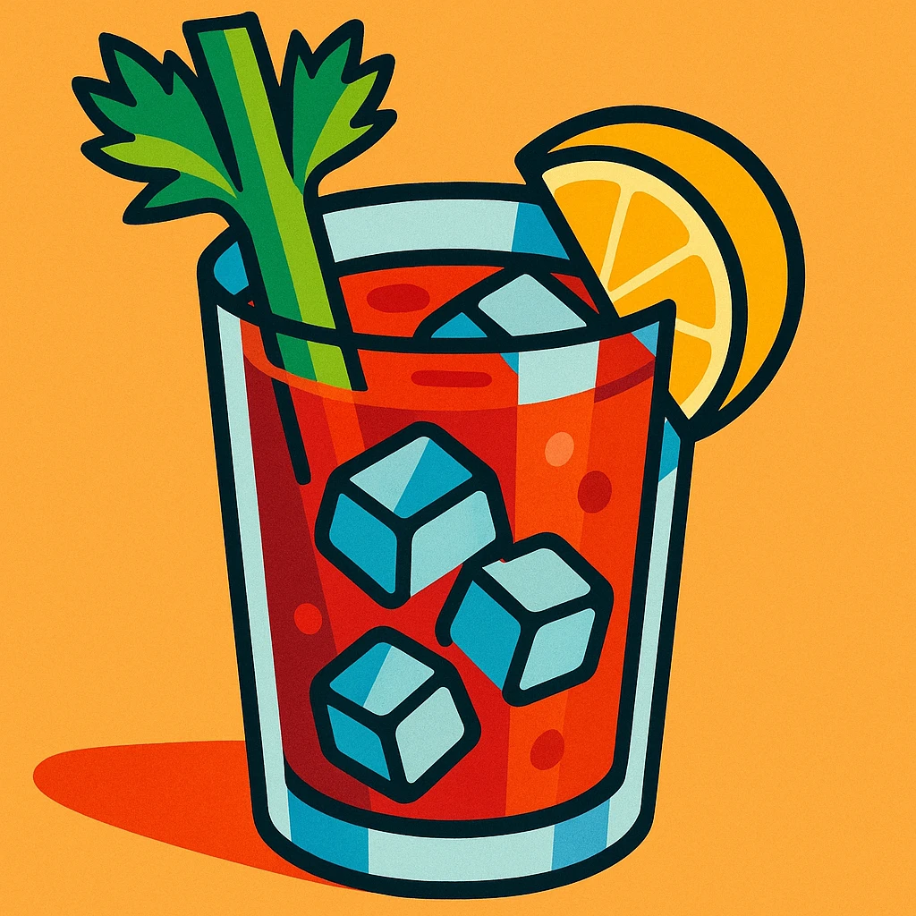 bloody mary cocktail with a celery stalk, vibrant colors, clear glass, visible ice, lemon wedge garnish emoji