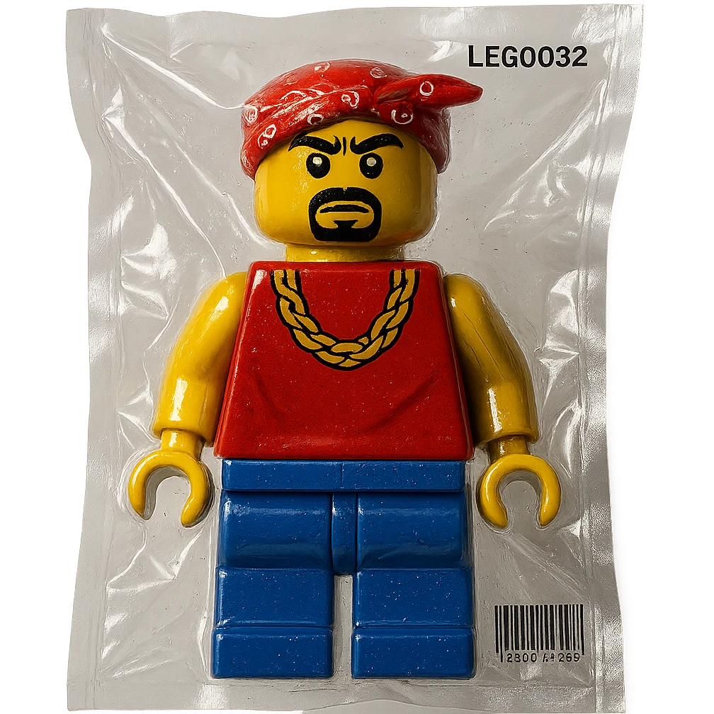 Lego character inspired by Tupac Shakur, with bandana and gold chain, shiny and inflated emoji