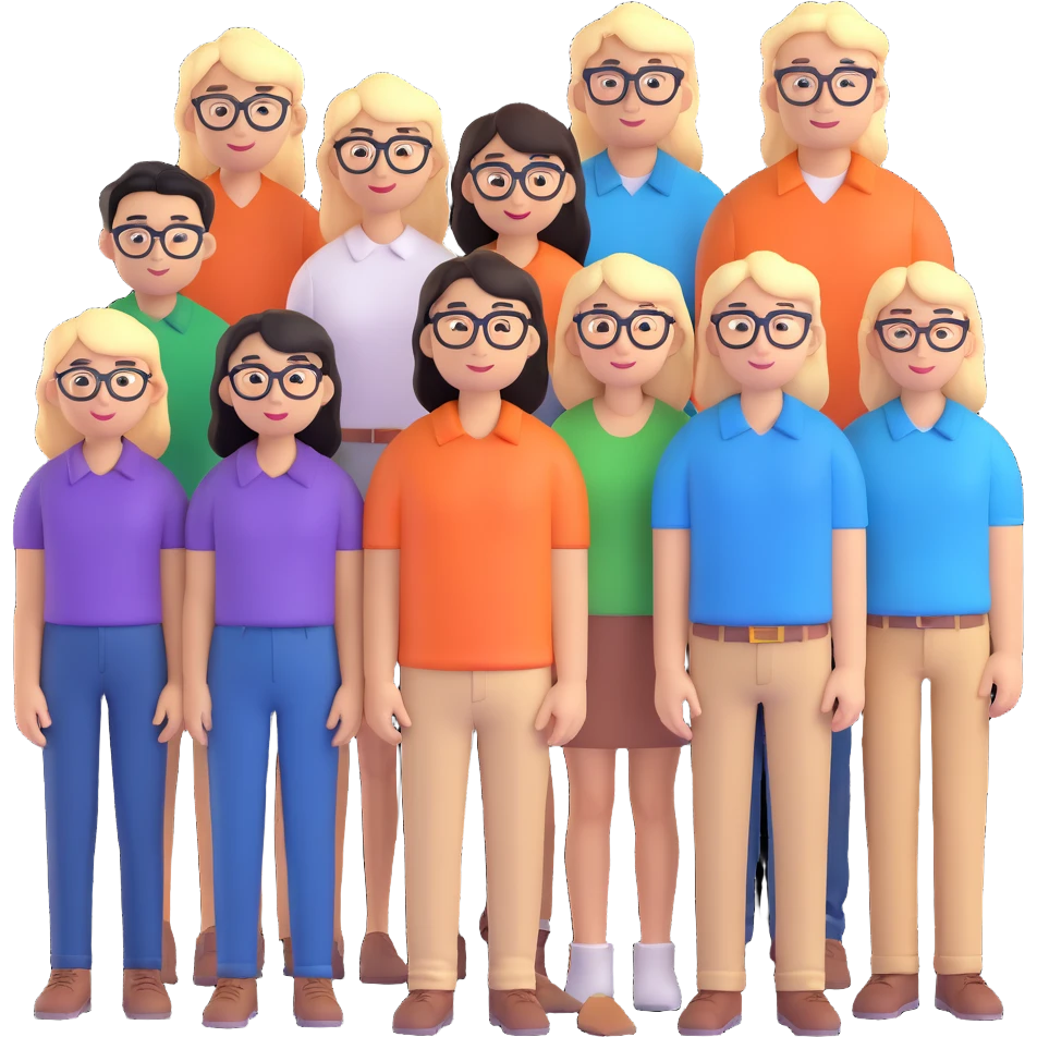 8 people, 5 of which are girls, one with glasses, another Asian, another short, and four guys, one tall and blond, the other two with long hair and one tall and of average build emoji