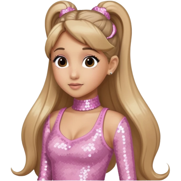Ariana Grande with long dark blonde ponytail hair, light pink sequin outfit emoji