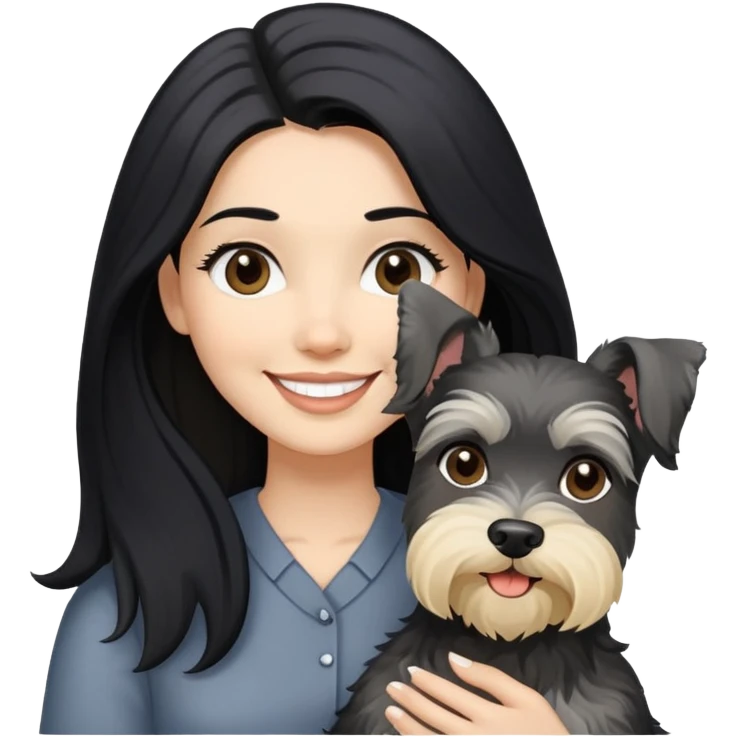 A smilling woman with long black hair holding a blonder Schnauzer emoji