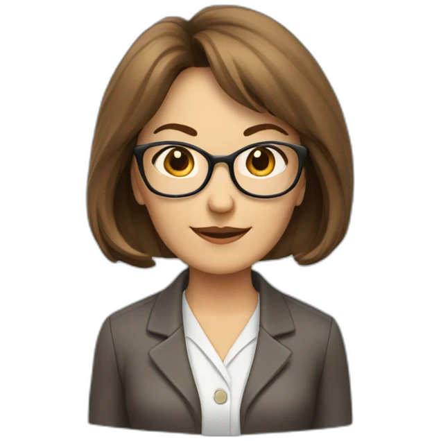 middle-aged accounting woman with middle length brown hairs, a bang, glasses and a loop emoji