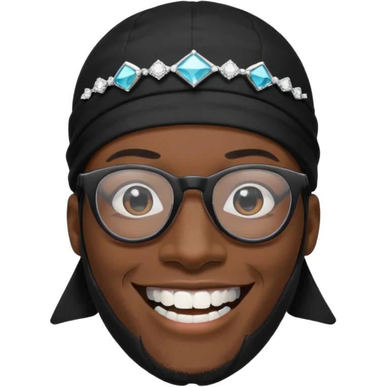 man with black durag,glasses, and smiling with diamond grillz on his teeth  emoji