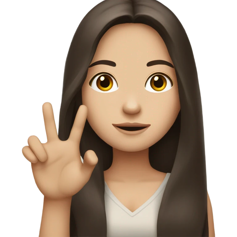White girl with long dark brown hair and holding hand up with fingers crossed emoji