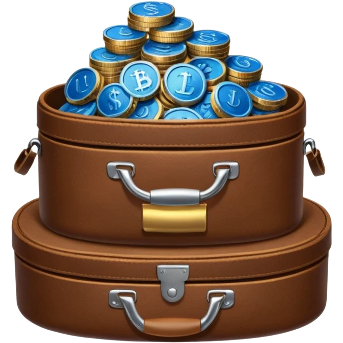 leather bag on top of blue coins stack emoji