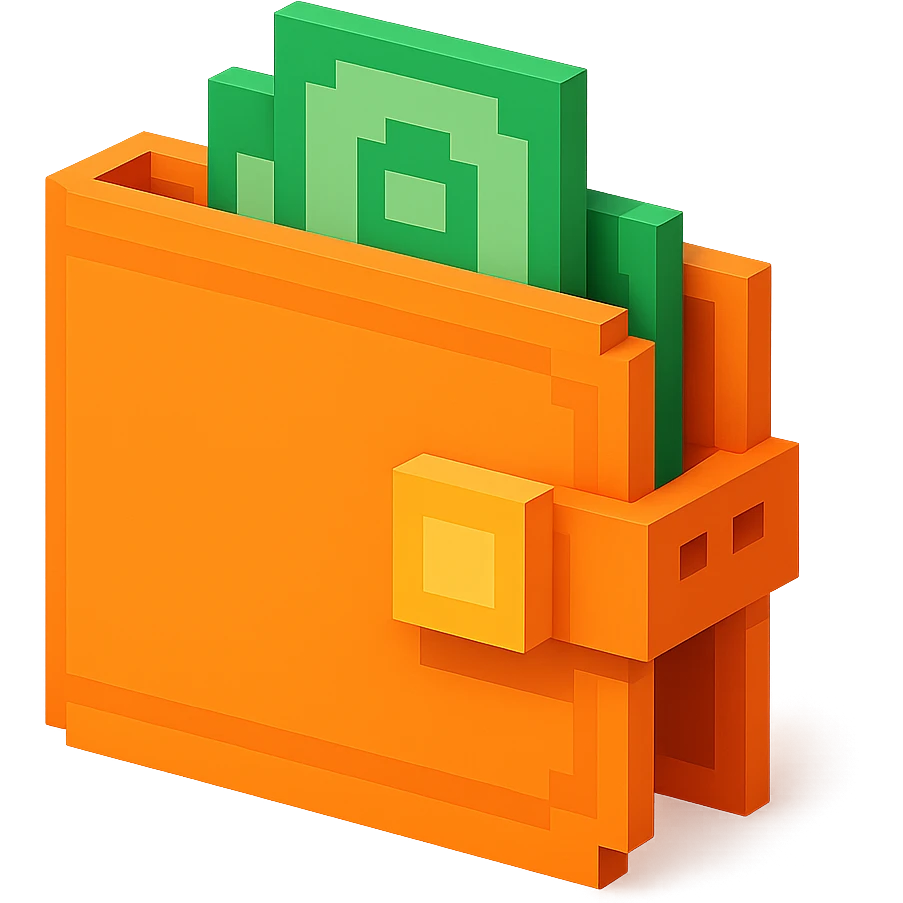 3D voxel style icon of a wallet, with a slightly open flap and stylized pixel details emoji