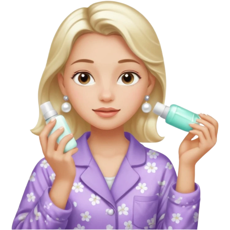 Clean girl aesthetic emoticons, apply skincare products, pearl earrings, glowing skin, pajamas, soft lighting emoji
