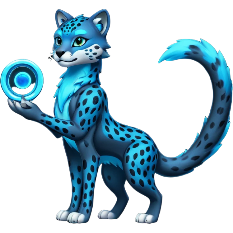 Obsidian-black fur body with bioluminescent neon glowing blue ring-markings Grem2-Gremz-Cheetah-Sergal-fusion, full body  emoji