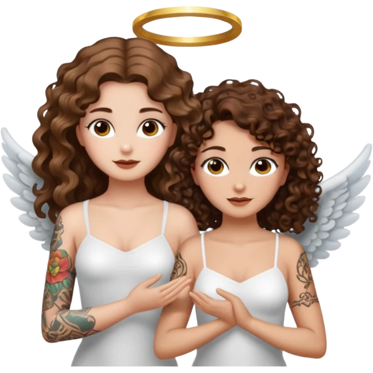 fake angel pose — long wavy brown hair tattooed woman and short tight curly brown hair woman — halo sparkle emoji