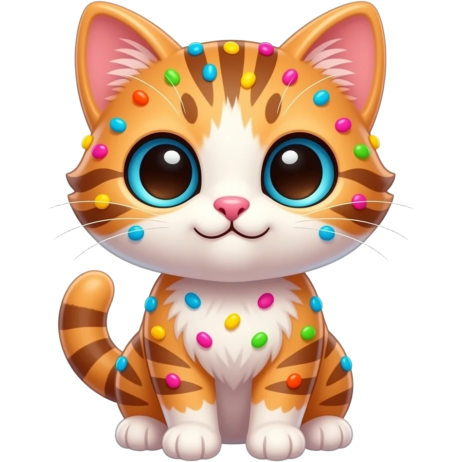 “adorable kitten made of candy, glossy texture, big eyes, colorful sprinkles, cartoon style” emoji