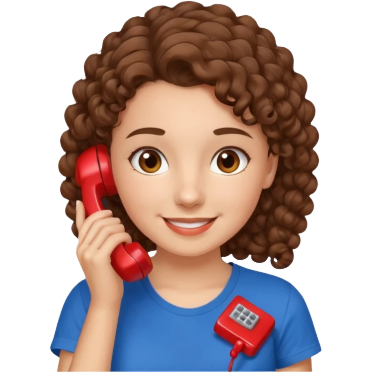 chica con piel blanca sonriendo, ojos marrones y pelo marrón atado con rulos con remera celeste. atendiendo un teléfono rojo emoji