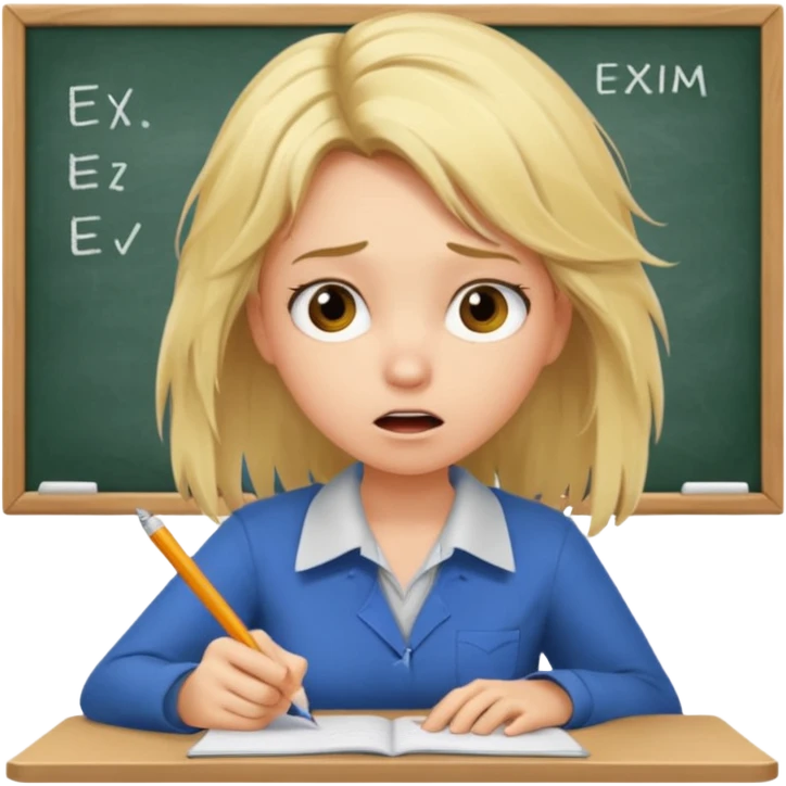 young blonde disheveled hair woman is writing an exam in panic emoji