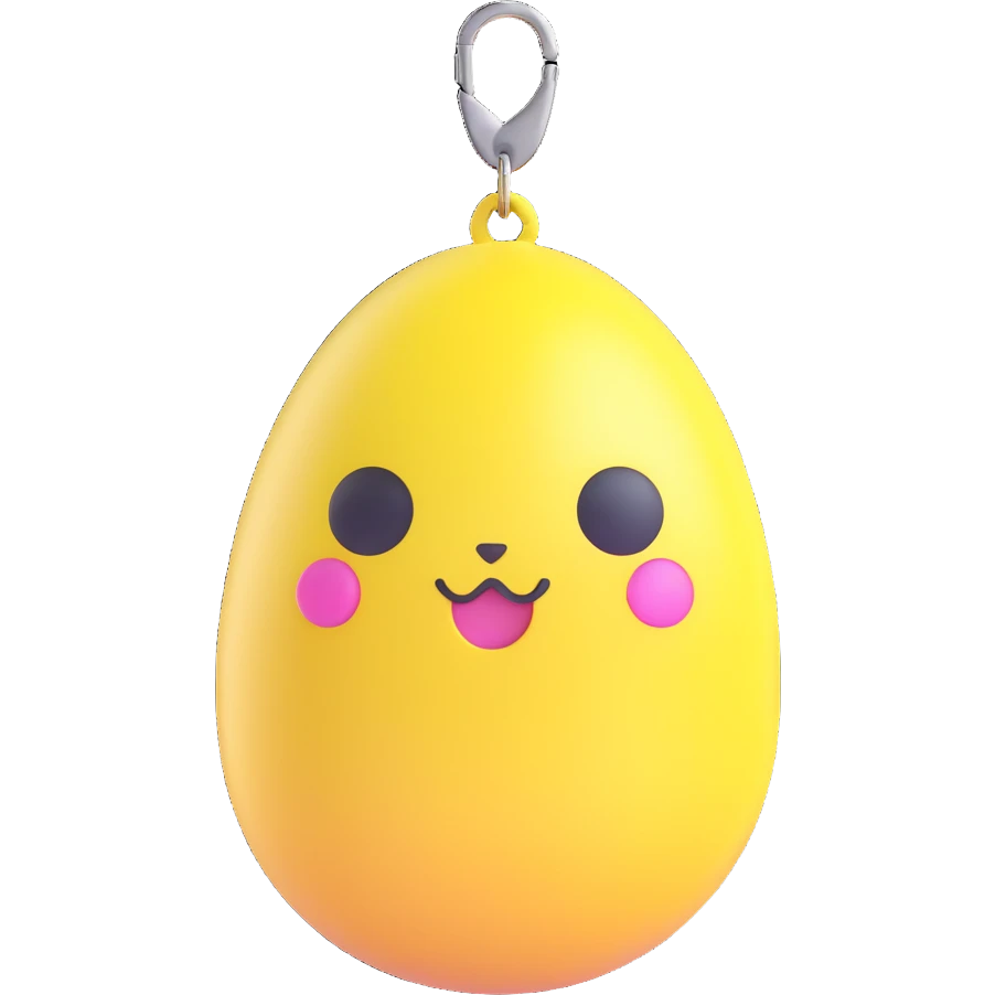 Tamagotchi virtual pet device, 3D emoji style, egg shaped, three buttons, Mametchi on screen, keychain, cute and rounded emoji