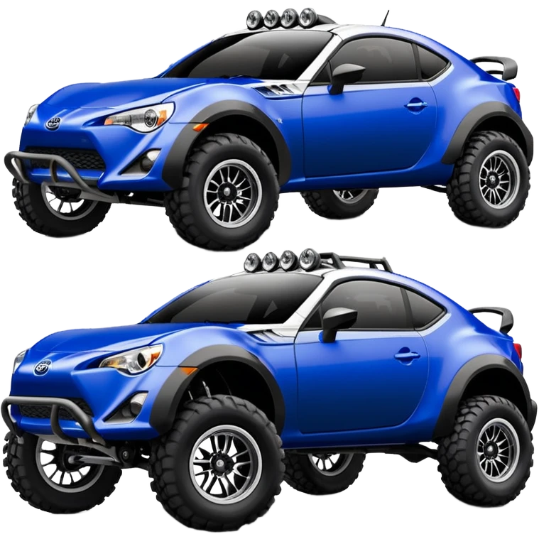Dirty raced jacked 2013 scion fr-s ultramarine off road 4wd monster Baja dessert stadium racer number 86 with long travel suspension, shiny silver wheels, exaggerated black fender flares sponsored by Pepsi and NASA  emoji