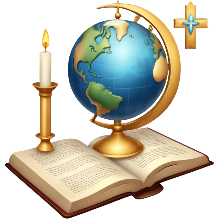 An icon featuring a holy book, a candle, and a cross, symbolizing religious studies. The design includes a globe with various religious symbols: a crescent moon and star (Islam), a lotus flower (Buddhism), representing global belief systems. Transparent background. emoji