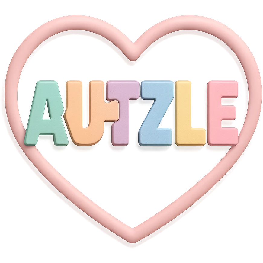 Playful, modern logo: 'AUTZLE' in puzzle-piece letters, each letter a different bright pastel mint, peach, lavender, light blue, soft yellow, pink. The word is inside a smooth, aesthetically pleasing heart shape with soft curves, acting as a gentle frame. The design is clean, vibrant, and supportive, with soft, even lighting, gentle 3D shadows, and a transparent or white background. emoji