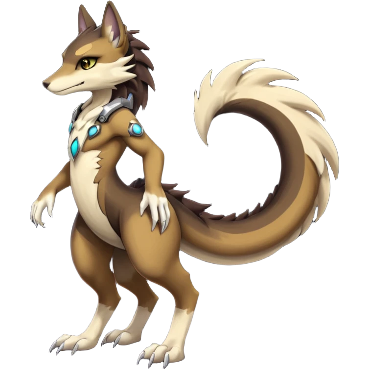 Brown and beige badass elegant wild beautiful natural badass futuristic epic exotic anthro modern furry cyborg-sergal-vernid-creature, full body, dark-brown-black-gradient pretty hair, with a long tufted tail, aesthetic, art by LiLaiRa, art by art by Falvie emoji