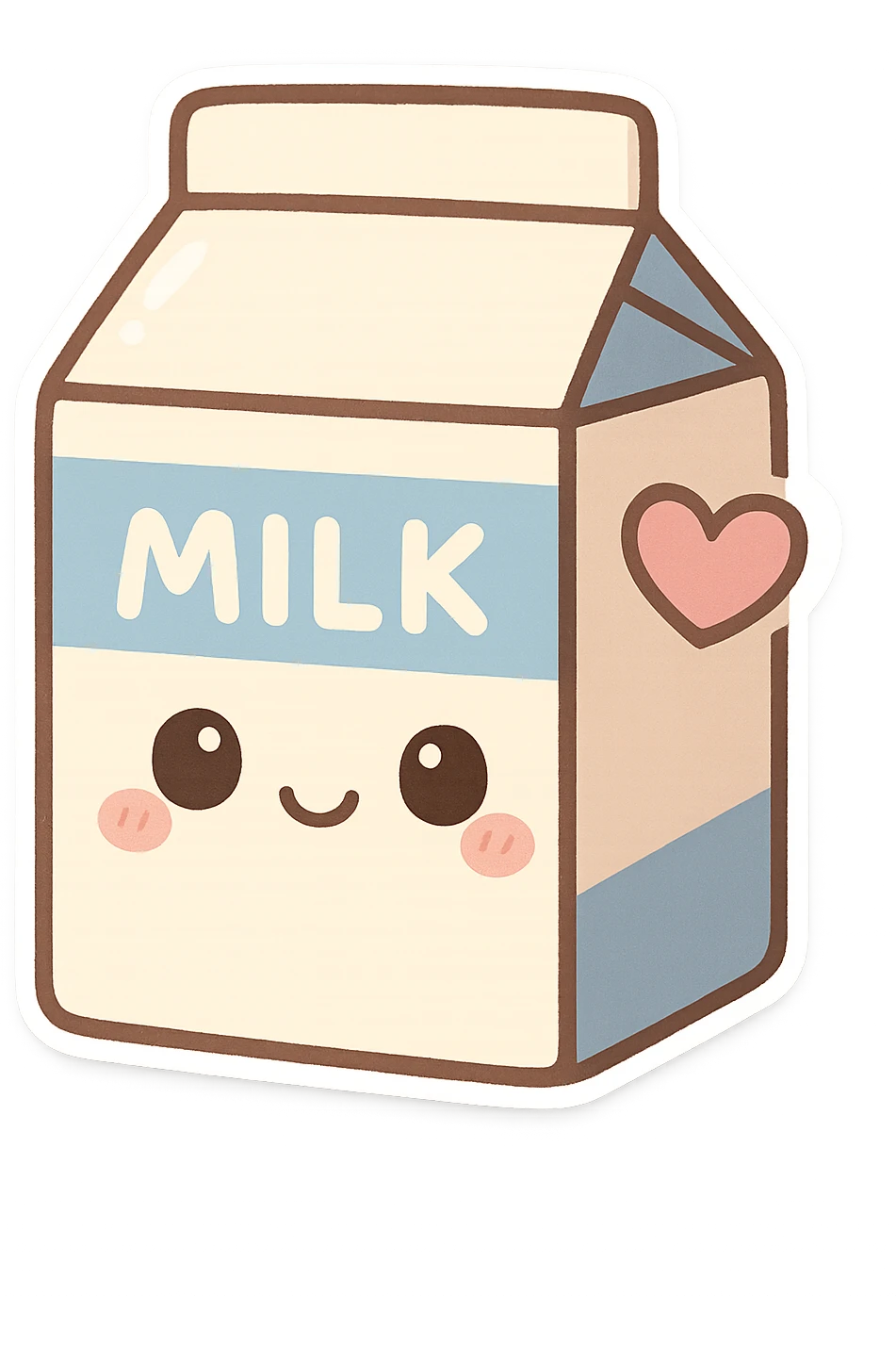 chibi sticker-style milk carton with a heart accent, cute and exaggerated emoji