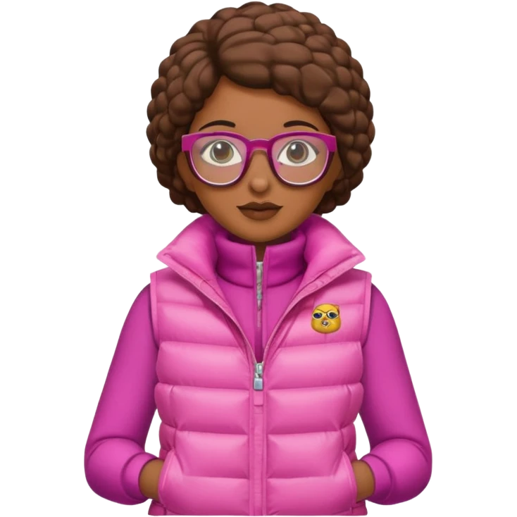 brown skin woman with glasses pink puffer vest emoji