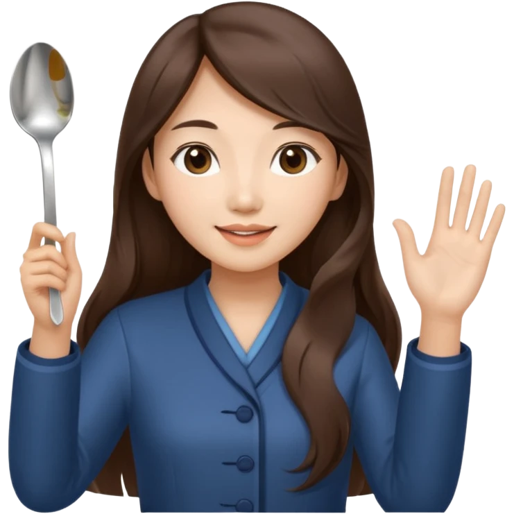 An Asian woman with long brown hair waving and greeting with a spoon in her hand emoji