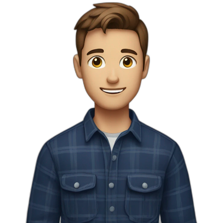 A young man with no beard, neatly trimmed short brown hair, exuding confidence, clad in a navy blue checked flannel shirt. emoji