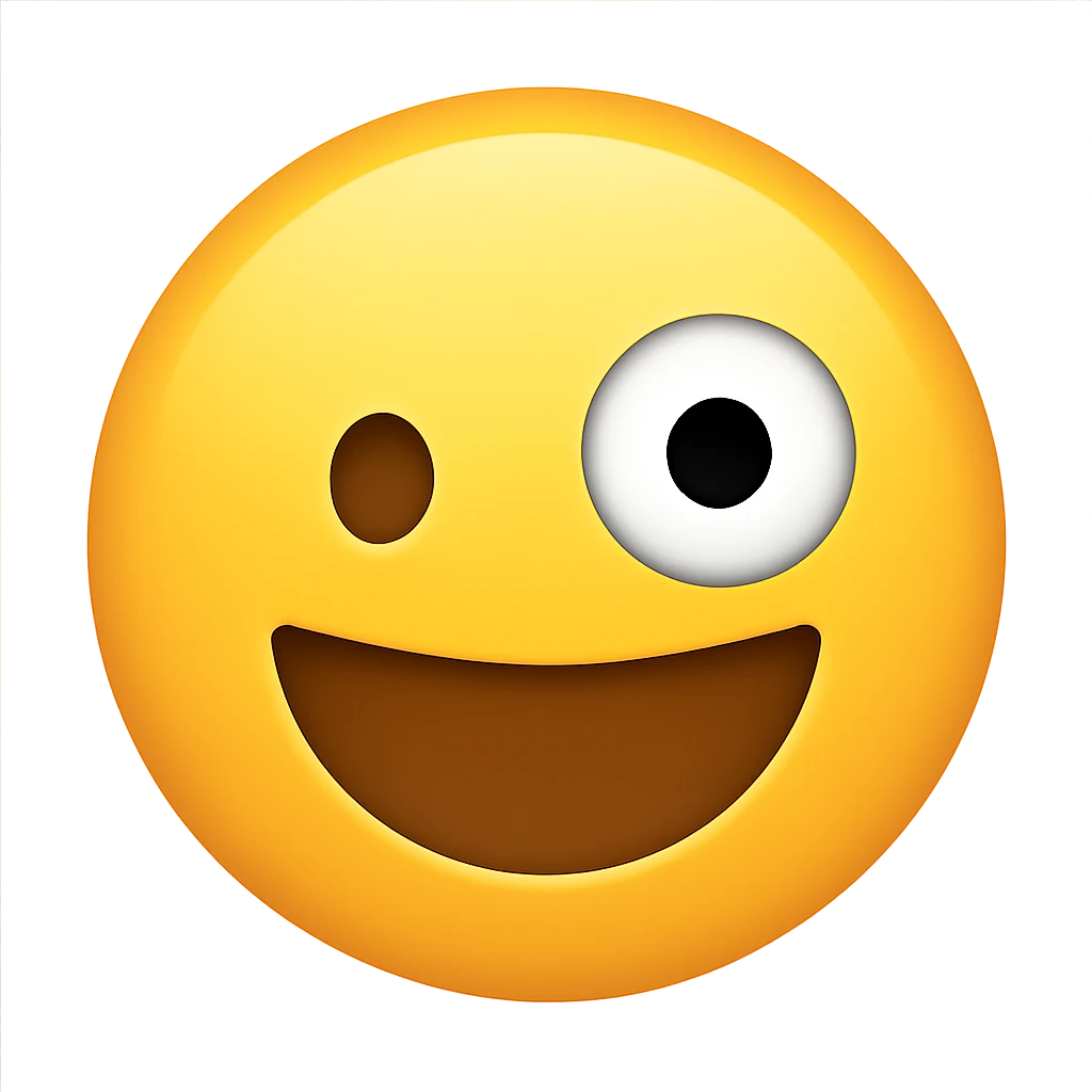 Make this a classic smiley yellow circled emoji with one large and one small eye, in the style of Emojipedia. Keep the background transparent. emoji