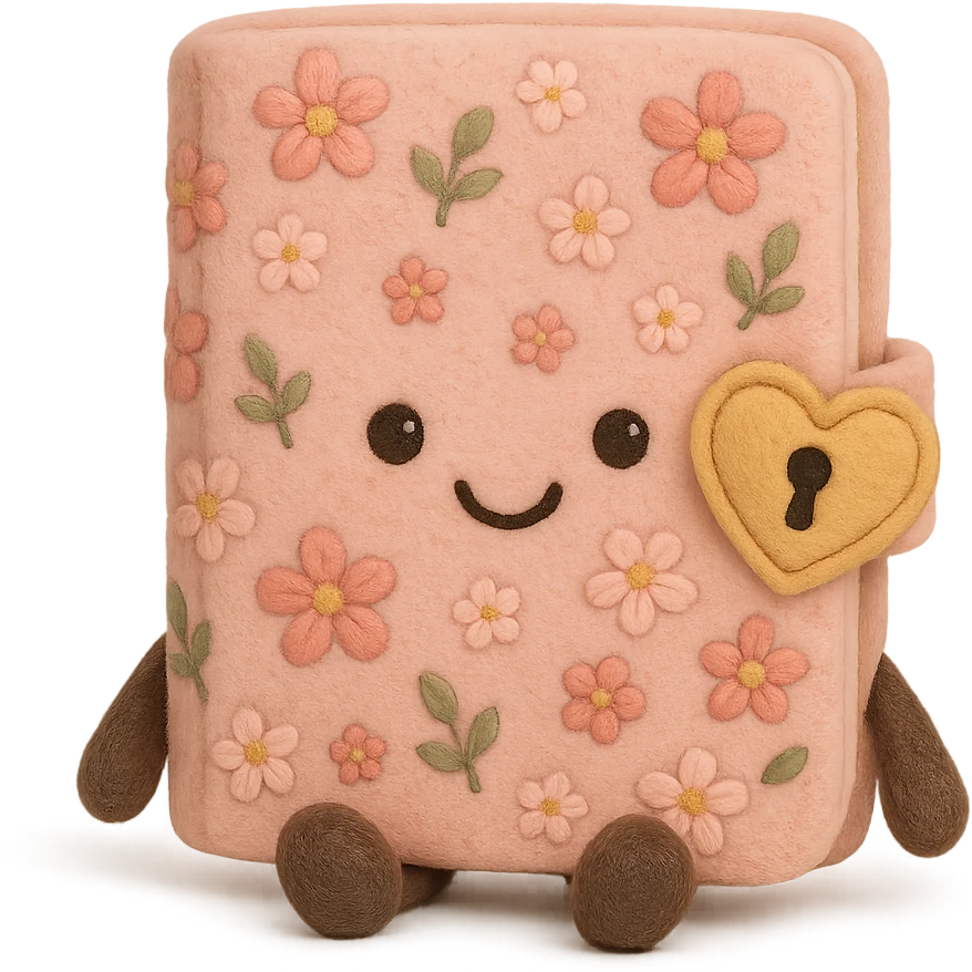 Pink Floral journal with a heart-shaped lock as a kawaii plushie, jellycat style  emoji