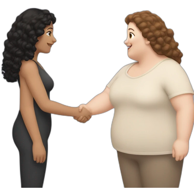 tan chubby woman with black curly hair shakes hands with a chubby pale woman who has straight light brown hair emoji