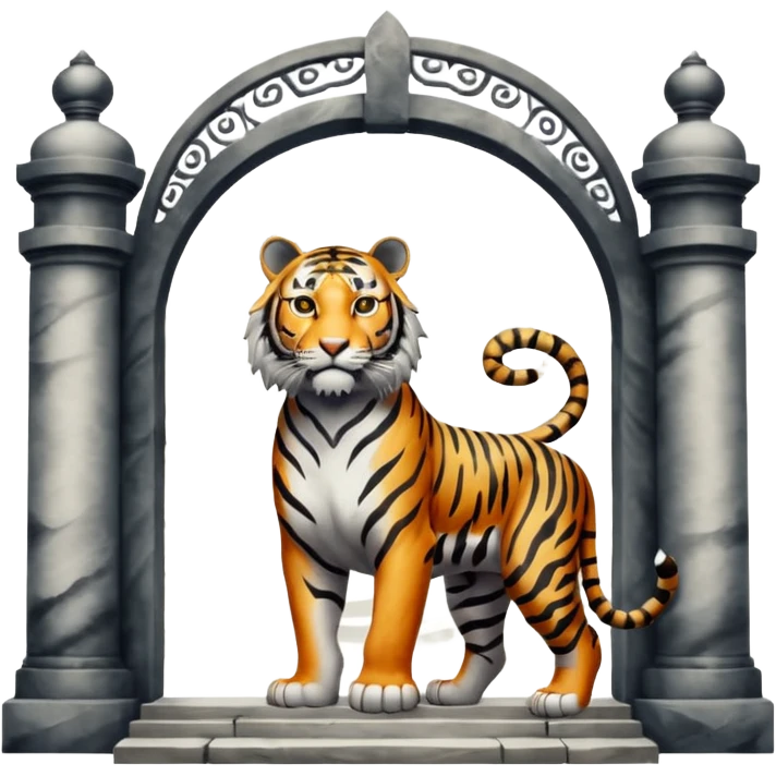 Traditional Chinese ink painting style emoji. A powerful tiger (like the ancient character 虎), standing guard in front of mystical gates (門). Energy swirls around him like a vortex (🌀). Minimalist, transparent background, 512x512 pixels. emoji
