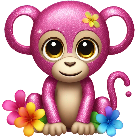 Pink ombre sparkly monkey with rainbow flowers emoji