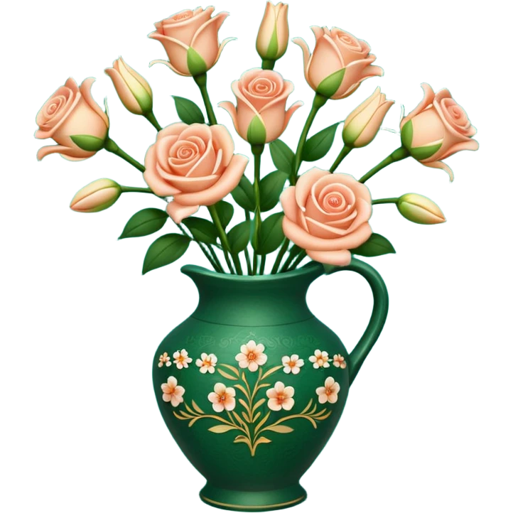 Lilly and Rose’s bouquet and a dark green vase pottery like. give vase small designs  emoji
