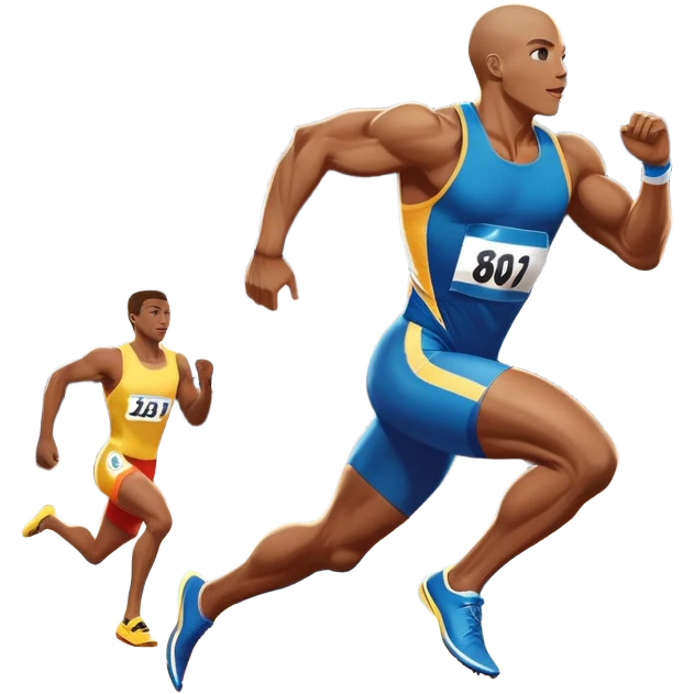 An icon depicting a sprinter in full motion, racing down a track with determination. The background showcases a vibrant stadium filled with cheering fans, bright lights, and a clear sky. The scene captures the speed, power, and focus of athletics.  emoji