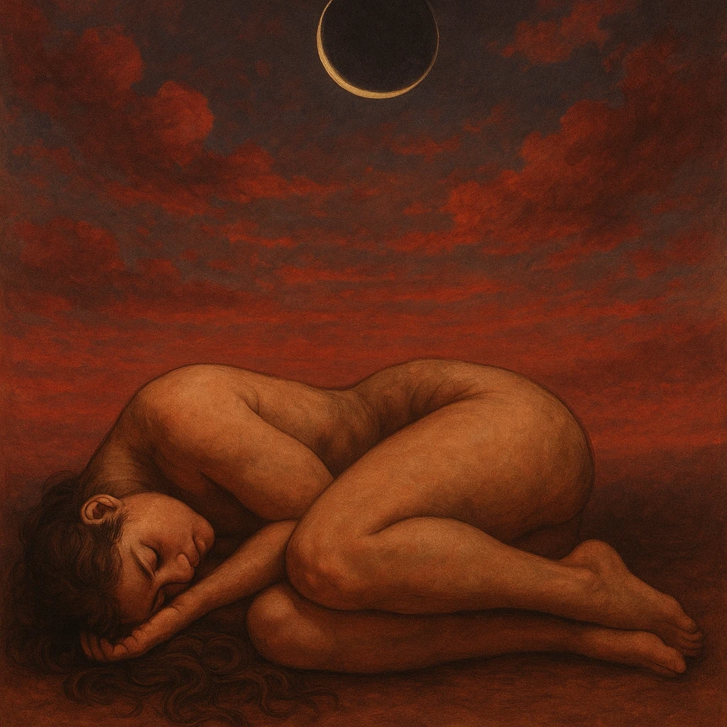 mujer en posición fetal descansando, fondo de cielo rojizo, luna nueva visible, ilustración artística detallada emoji