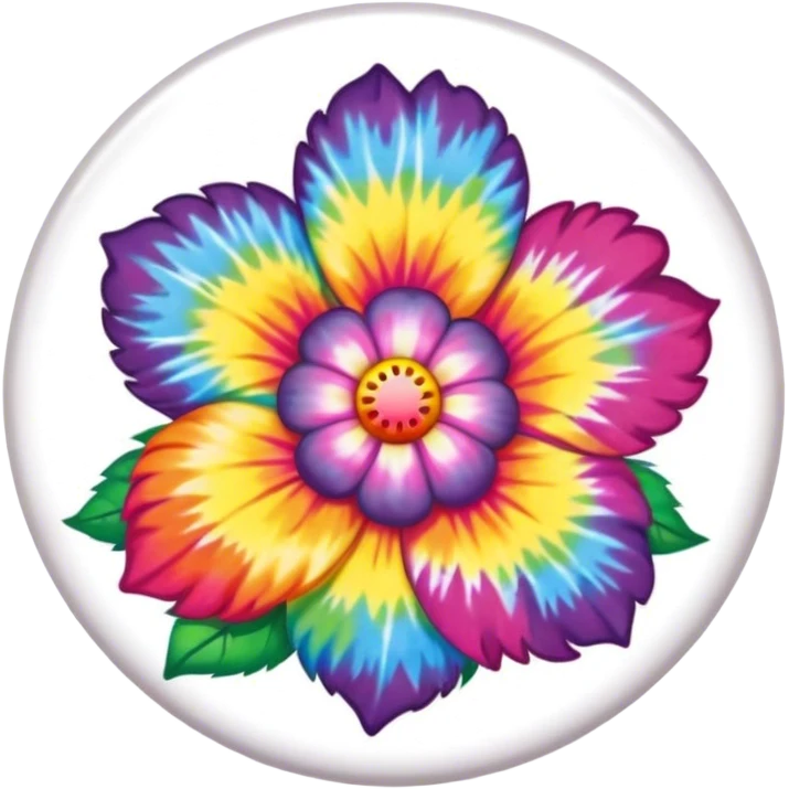 A round tie dye style colored button with a large rainbow colored flower in the center emoji