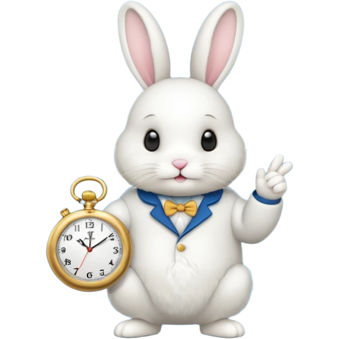 white bunny with a clock on his hand signaling the clock emoji