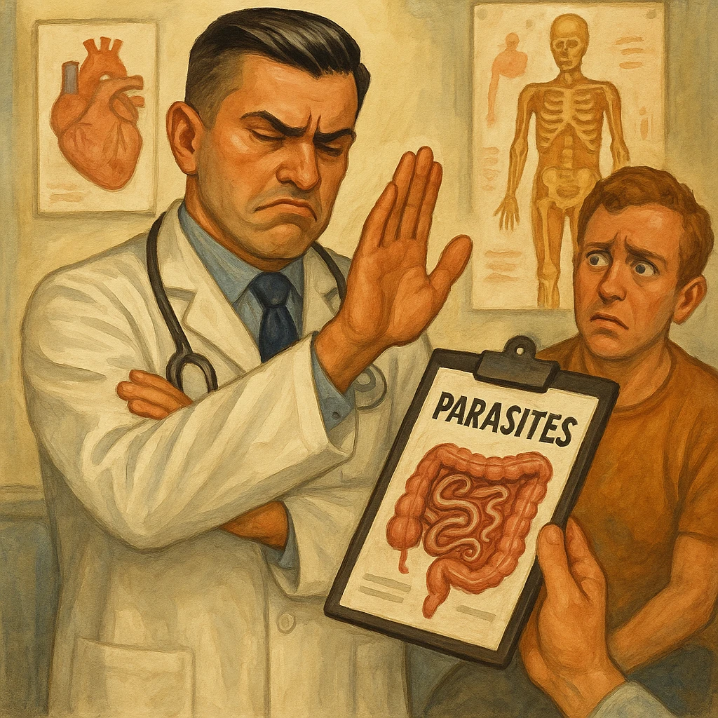 Create a semi-realistic or expressive style image of a male doctor inspired by the reference image, wearing a white coat. The doctor is dismissively waving his hand at a medical report showing intestinal parasites, with a closed or indifferent expression. A patient nearby looks confused. The setting is clinical with anatomical posters. The tone is critical and ironic about denial of health issues. emoji